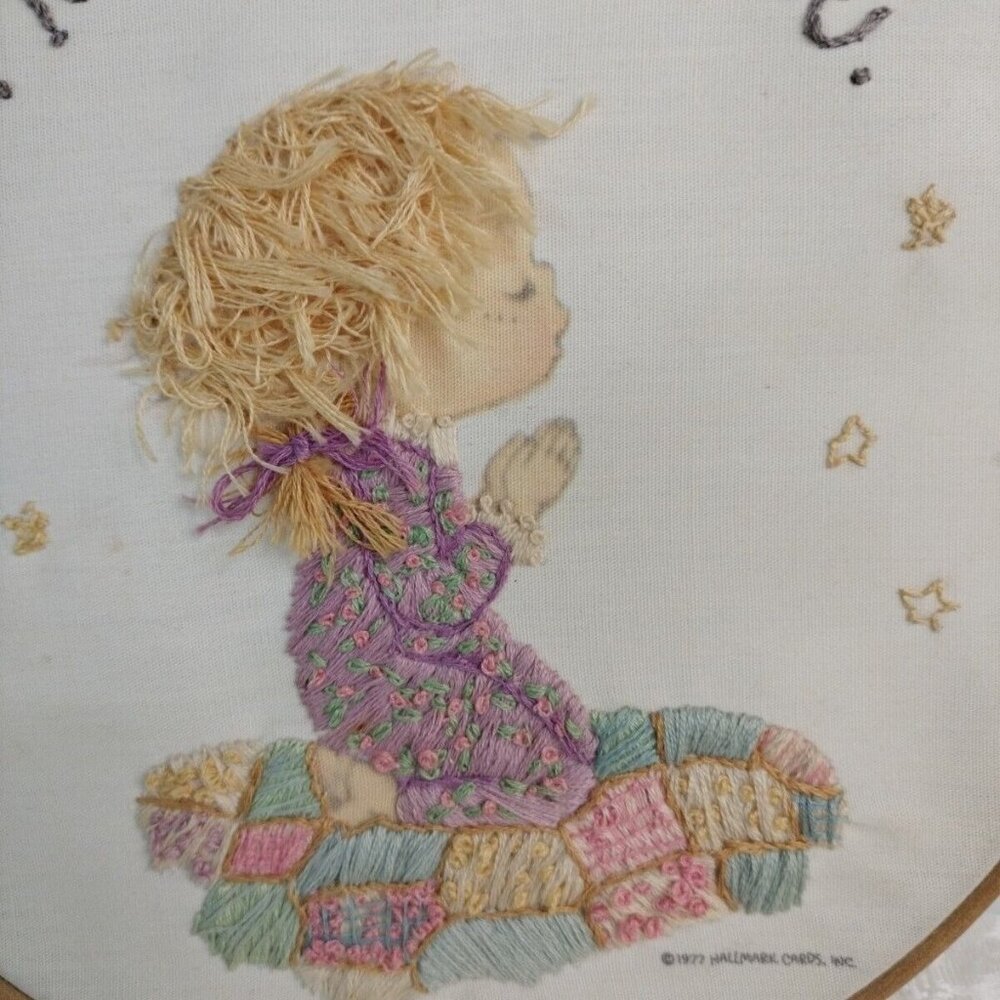 1977 Hallmark God Bless You Child Crewel Embroidery Hand Made Round  8"1/2
